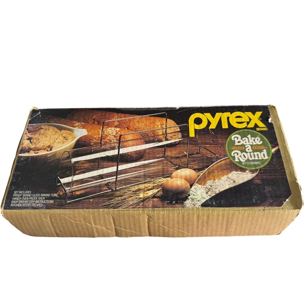 Vintage Pyrex Bake A Round Glass Bread Tube 990 with Rack Original Box